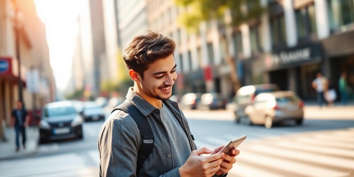 Young man smiling at his phone in a city street after receiving his score report