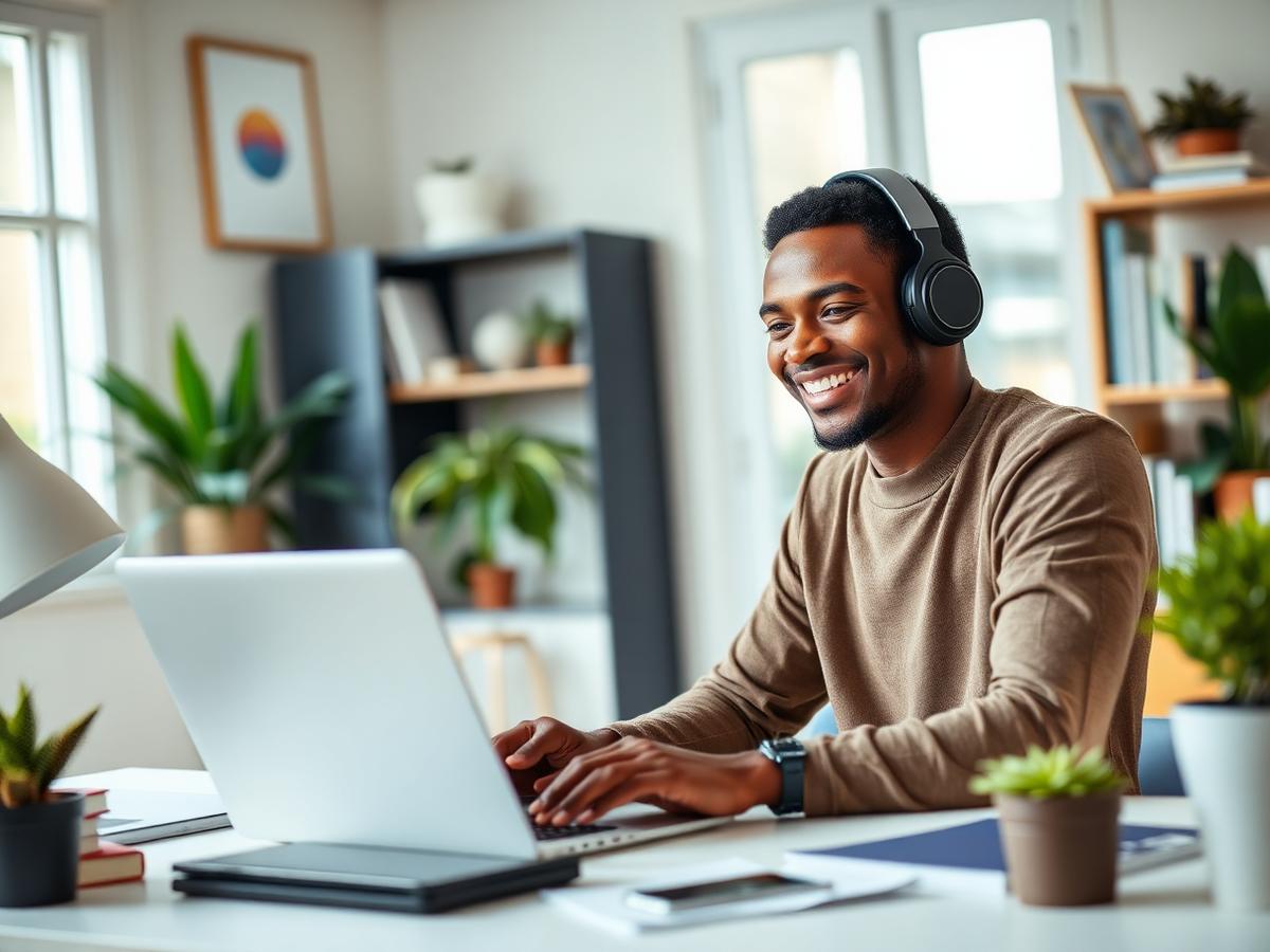 Student studying with headphones at a laptop
