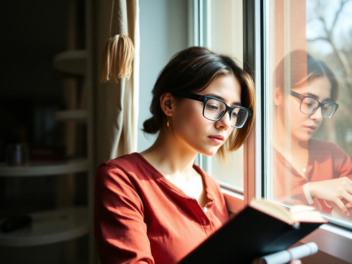 Test taker reading study notes by a window