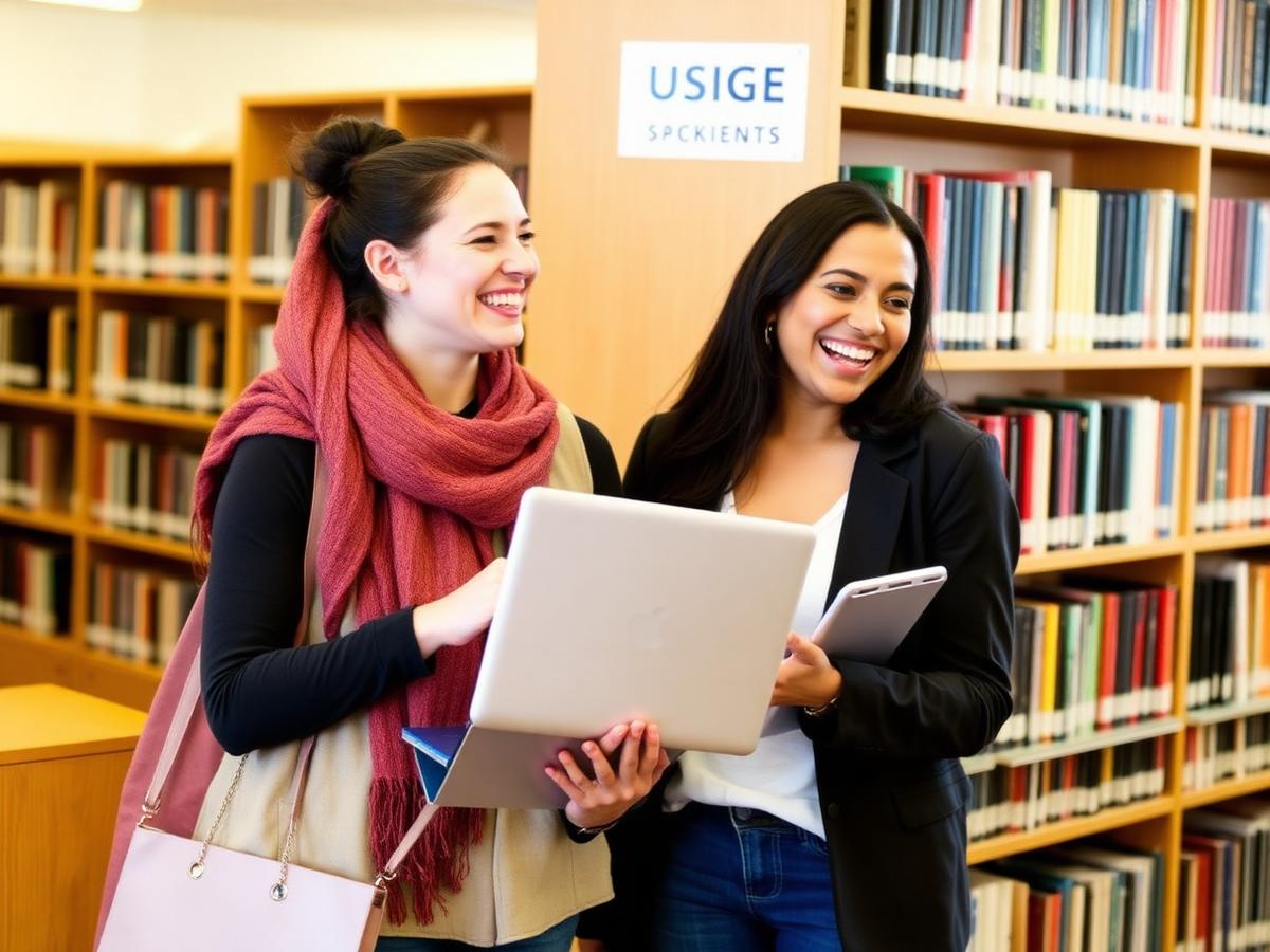Two students laughing together in a library