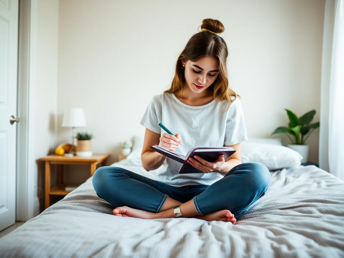 Student sitting on a bed writing notes while preparing for a PTE test