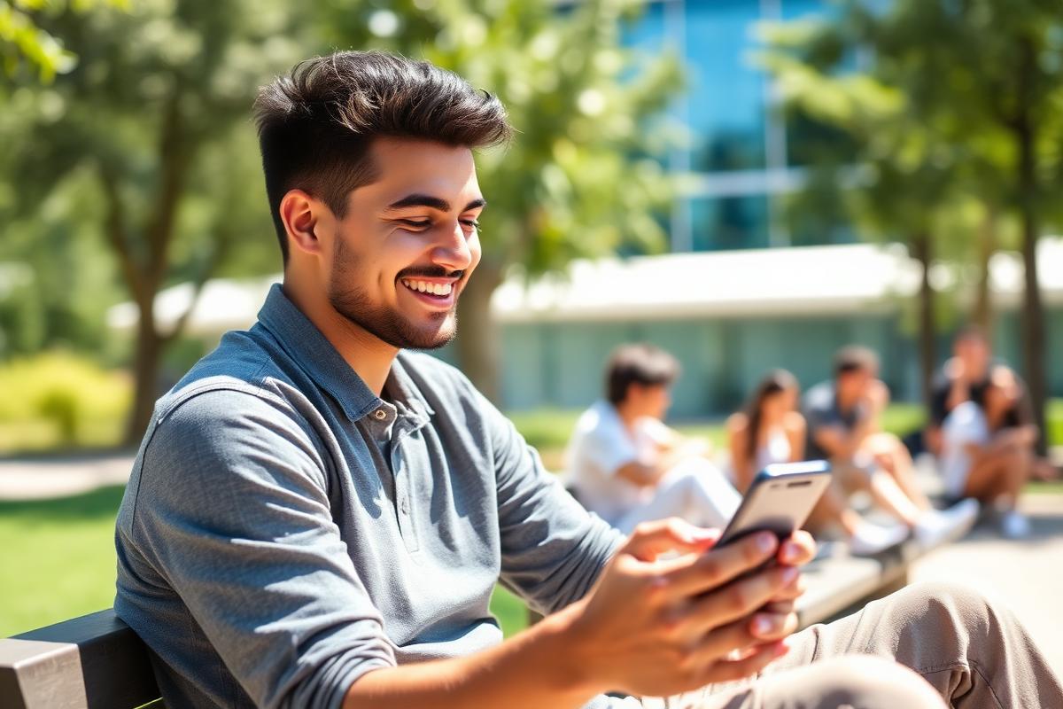 Student smiling at his phone while reading PTE preparation tips